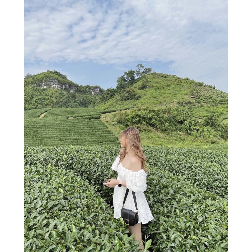 Set babydoll trễ vai màu trắng kèm quần