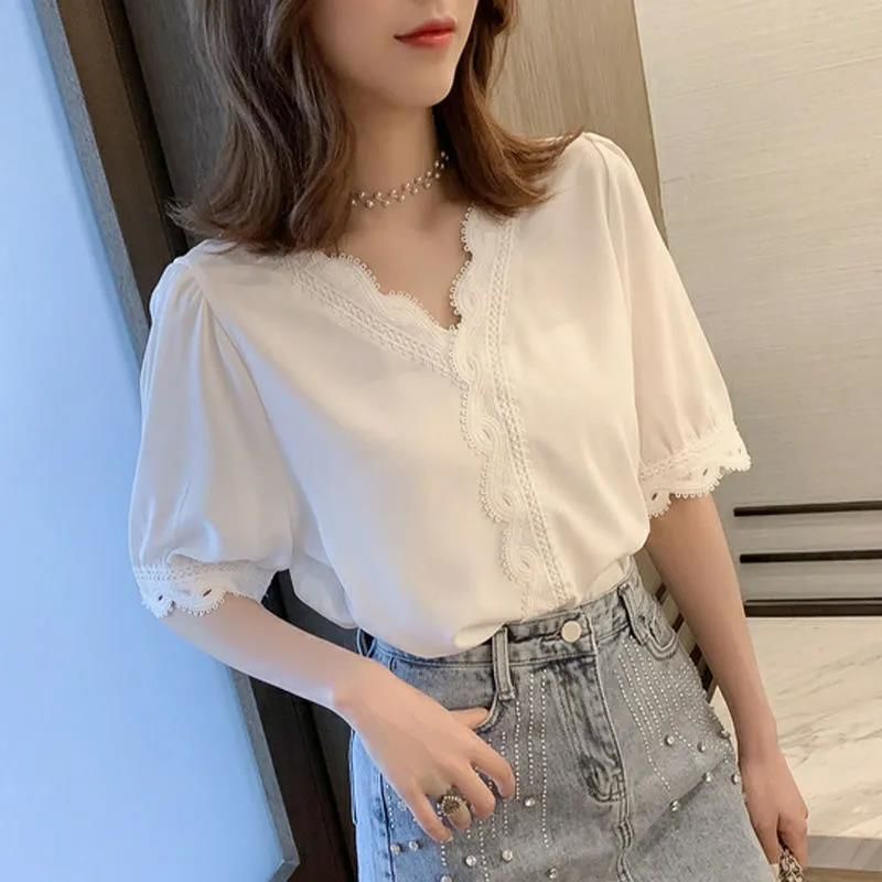 Áo Sơ Mi Trơn Ngắn Tay 161410 Áo Sơ Mi Chiffon Cổ Chữ v Dáng Rộng Phối Ren Phong Cách Phương Tây