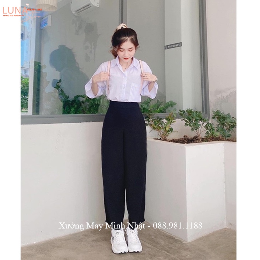 Quần ống rộng đi học khóa sườn lưng cao điệu dáng quần tây vải ống rộng nữ suông dài màu đen học sinh đi học làm công sở