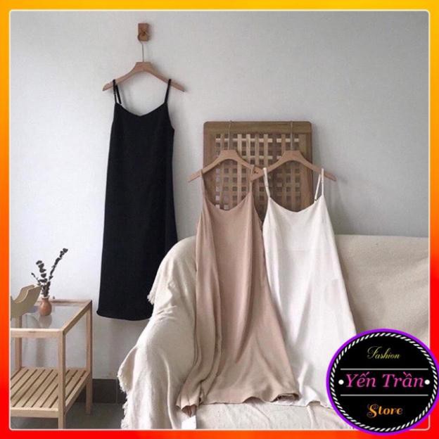 Váy 2 dây, đầm xuông - chất đũi lụa trơn basic nữ