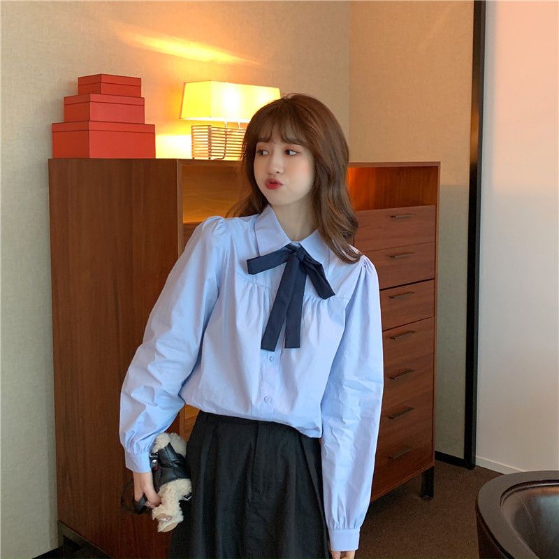 Áo Sơ Mi Tay Dài Phồng Dáng Rộng Thắt Nơ Phong Cách Preppy Ngọt Ngào Siêu Nữ Tính