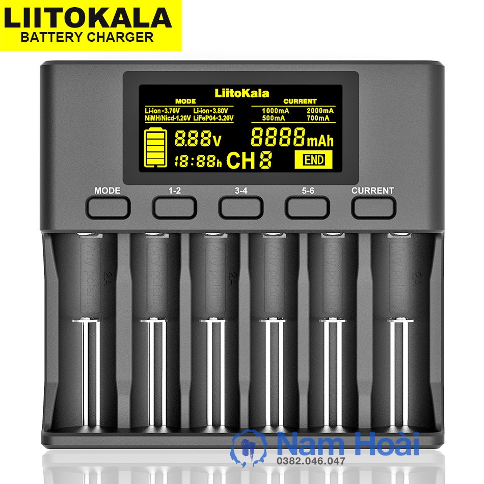 Bộ sạc pin LiitoKala lii-S6 18650 tự động 6 ngăn cho 18650 26650 21700 14500,10440 AA, AAA...
