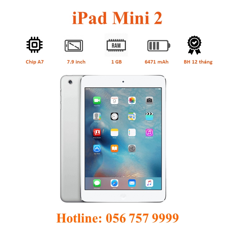 Máy tính bản Ipad mini 2 Chính hãng, Chạy ios 12 tải full ứng dụng cơ bản