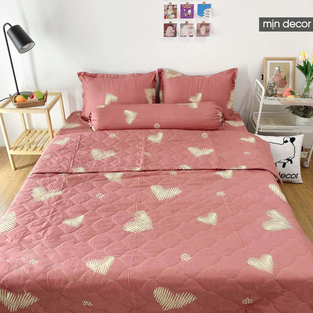 Bộ chăn ga gối cotton 3D MỊN DECOR có CHĂN TRẦN hè