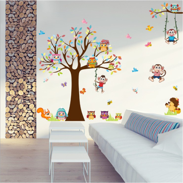 Decal trang trí tường - Cây lớn sắc màu cho bé vui chơi cùng khỉ
