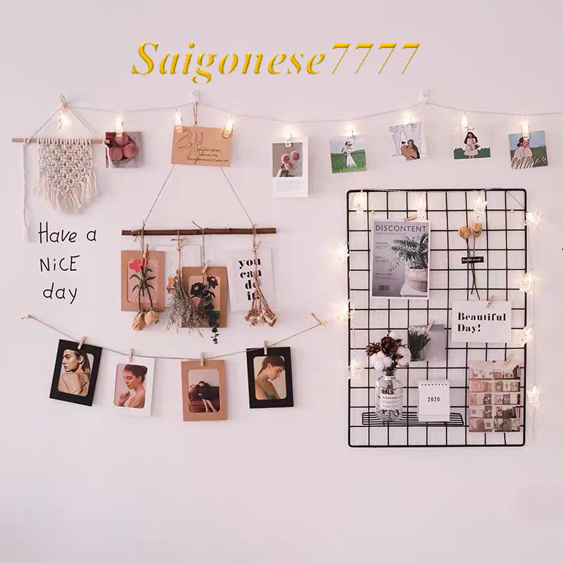 Combo Khung Hình Lưới Sắt+ Đèn Led Xài Pin Dài 3M 20 Bóng Đèn Ngôi Sao Kẹp Hình Nghệ Thuật Trang Trí Decor Nhà