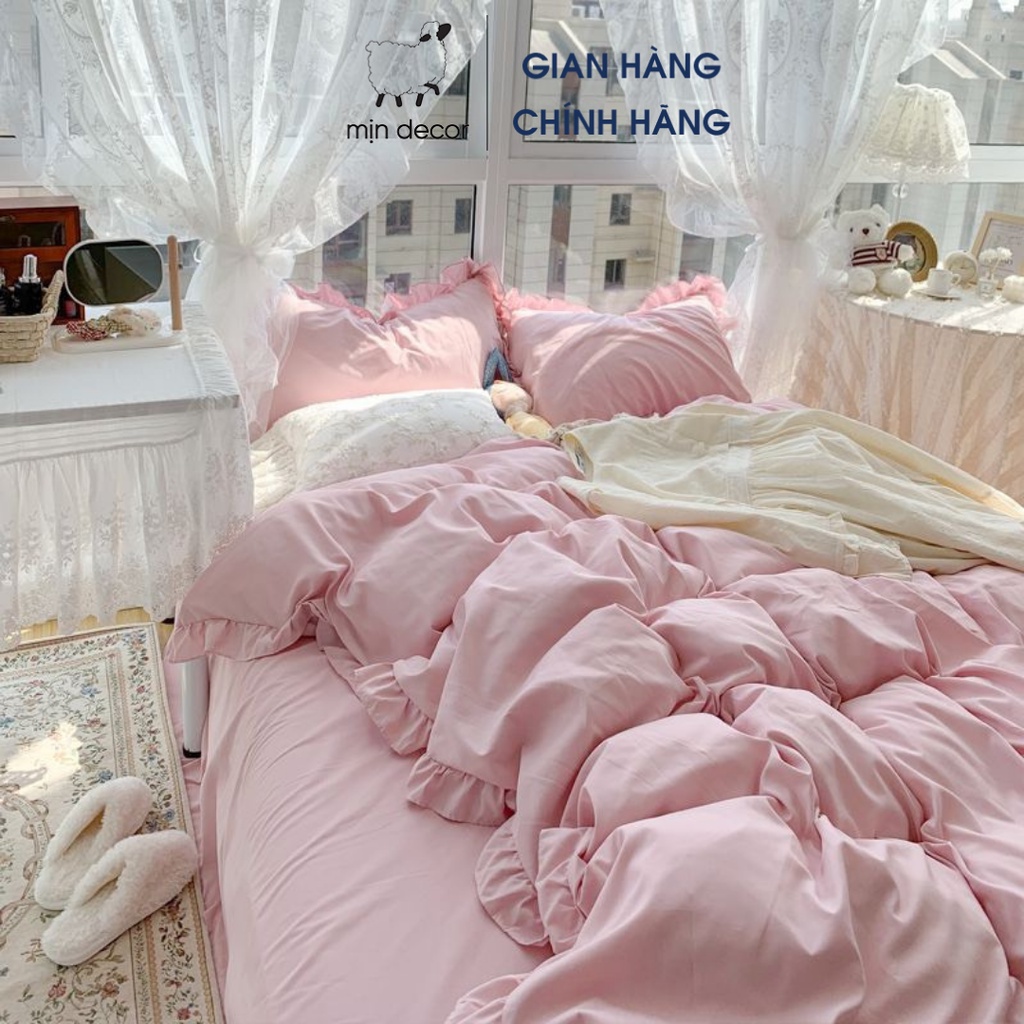 Bộ chăn ga gối cotton tici bèo màu pastel Mịn Decor sang trọng thoáng mát