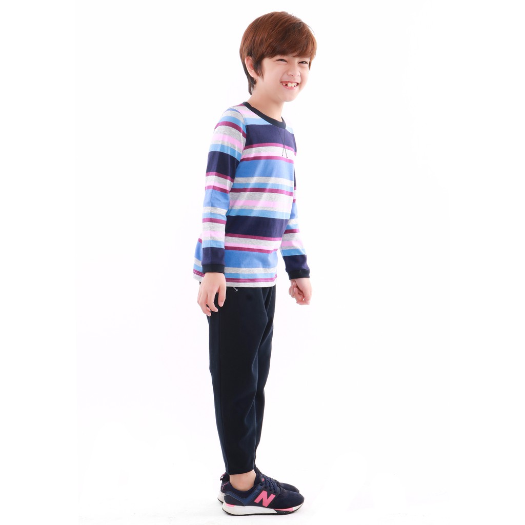 Bộ quần áo bé trai Narsis KE9059 cổ tròn màu kẻ xanh da trời tím nhạt