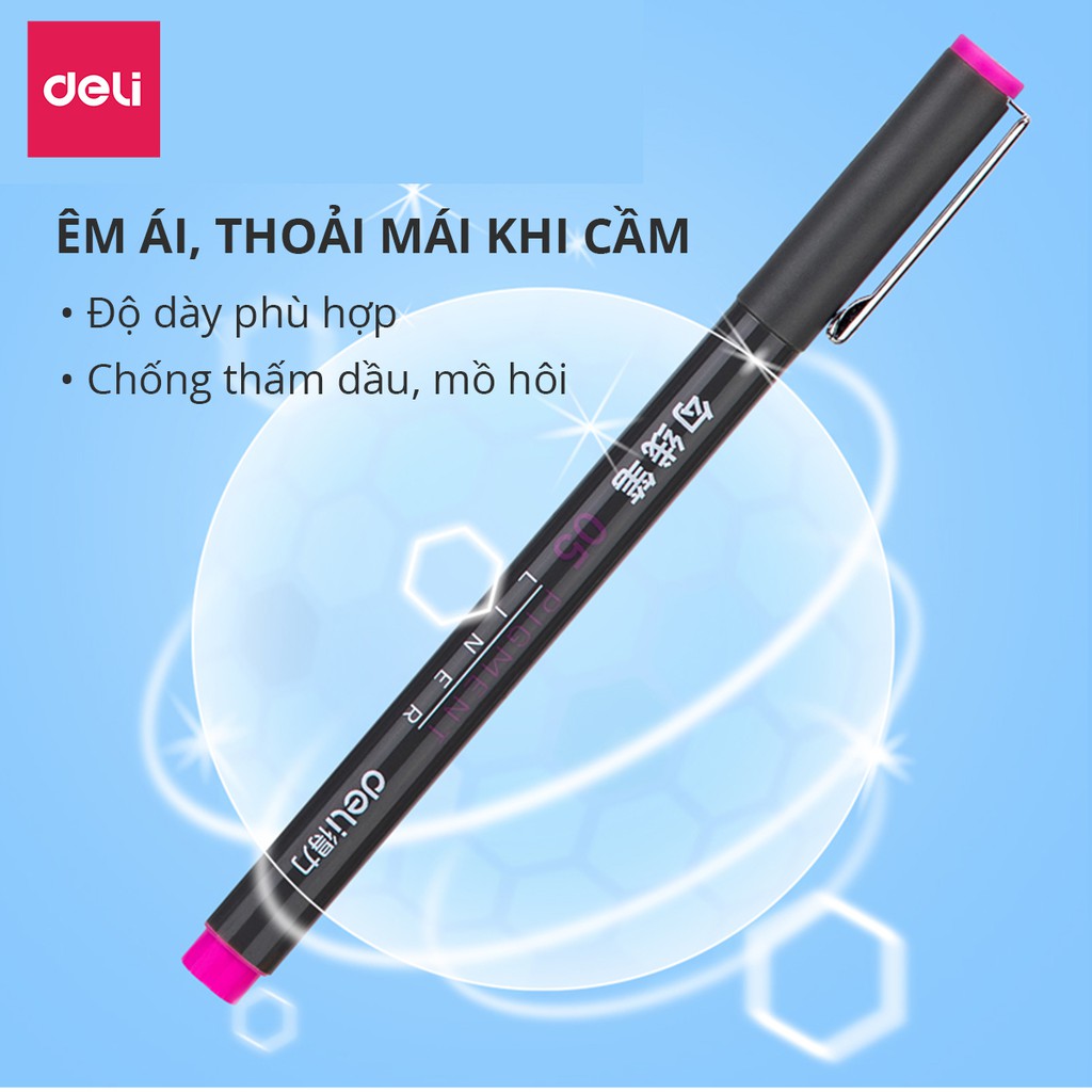 Bộ 9 bút line đi nét nhiều màu Deli ngòi bọc kim loại 0.5mm viết caligraphy thư pháp trang trí sổ tay học sinh S572