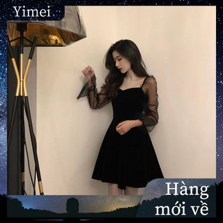 Korean style square neck long sleeve A-line dress for women