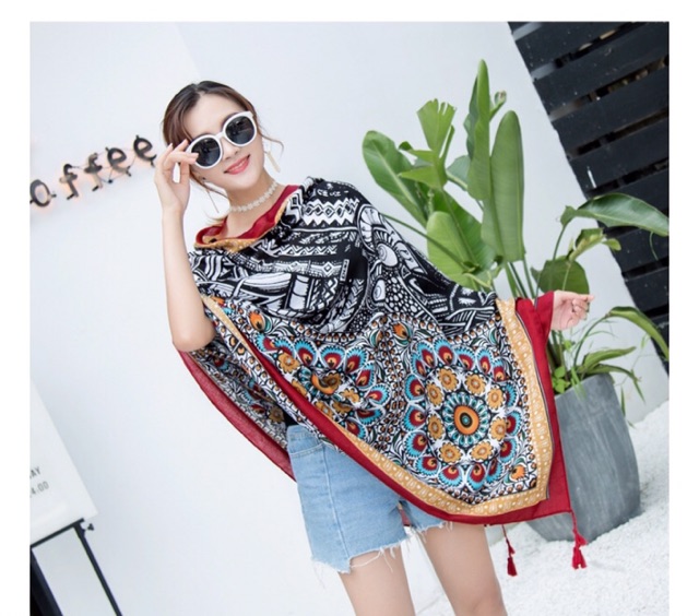 Khăn choàng boho đi biển - Khăn choàng thổ cẩm chất viscose chuẩn chất đẹp BH06