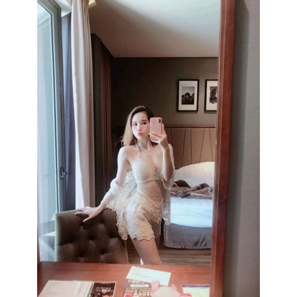 Bikini Len Đi Biển, Set Ren 3 Món Quảng Châu Tua Rua Tam Giác Vivi Shop