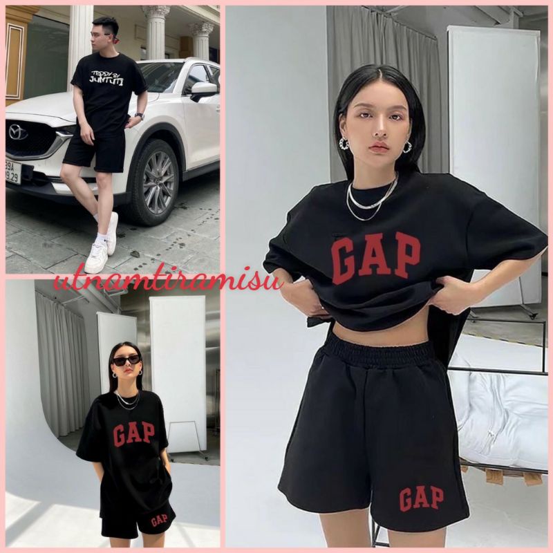 Sét đồ nữ áo Thun Gap, Teddy unisex + quần Short Đùi🌸Chất cotton form thụng tay lỡ🌸Form <55kg🌸 Bộ mặc nhà nam nữ