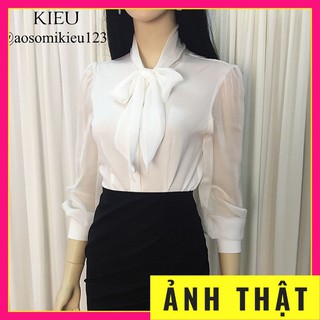 Áo sơ mi nữ dài tay💖 Freeship💖 Áo trắng nữ thắt nơ vải voan