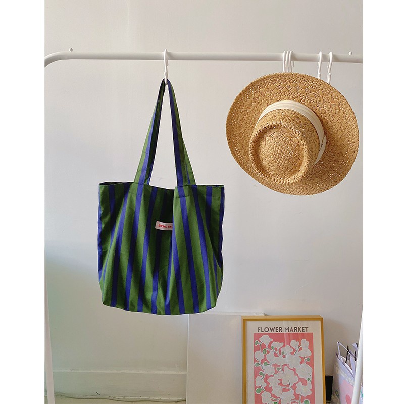 Túi Tote Đeo Vai Sức Chứa Lớn Họa Tiết Kẻ Sọc Màu Xanh Lá Cây Phong Cách Pháp Cổ Điển Thời Trang Cho Nữ