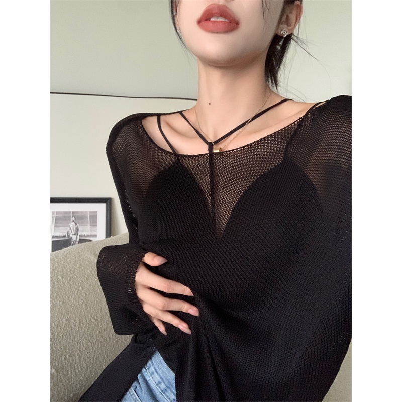 Áo Dệt Kim Mỏng Tay Dài Xẻ Tà Màu Đen Phong Cách Hàn Quốc Thời Trang Cho Nữ