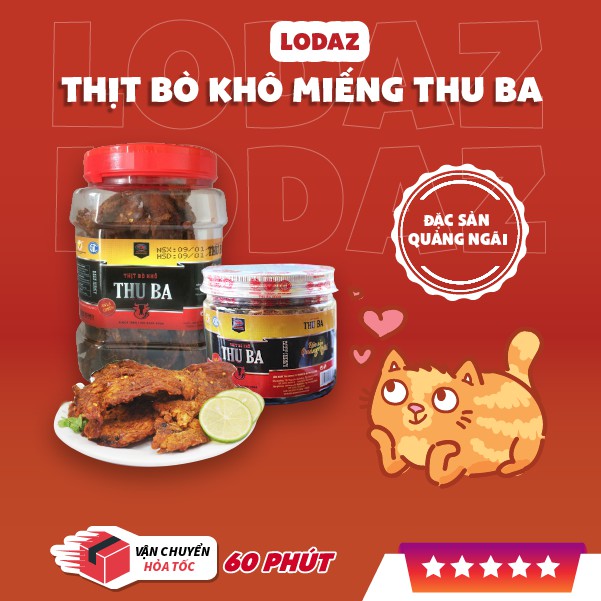 bò khô Thu Ba cay vừa, thịt chắc thơm ngọt đặc sản Quảng Ngãi đồ ăn vặt Hà Nội hộp 500g và 300g