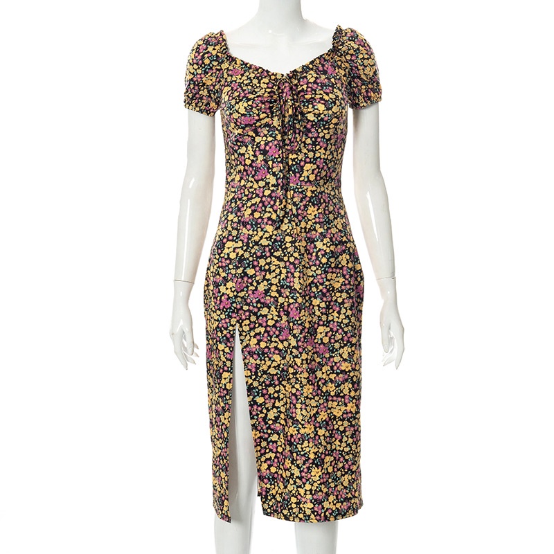 Đầm Tay Ngắn In Hoa Thiết Kế Xẻ Hợp Thời Trang Cho Nữ