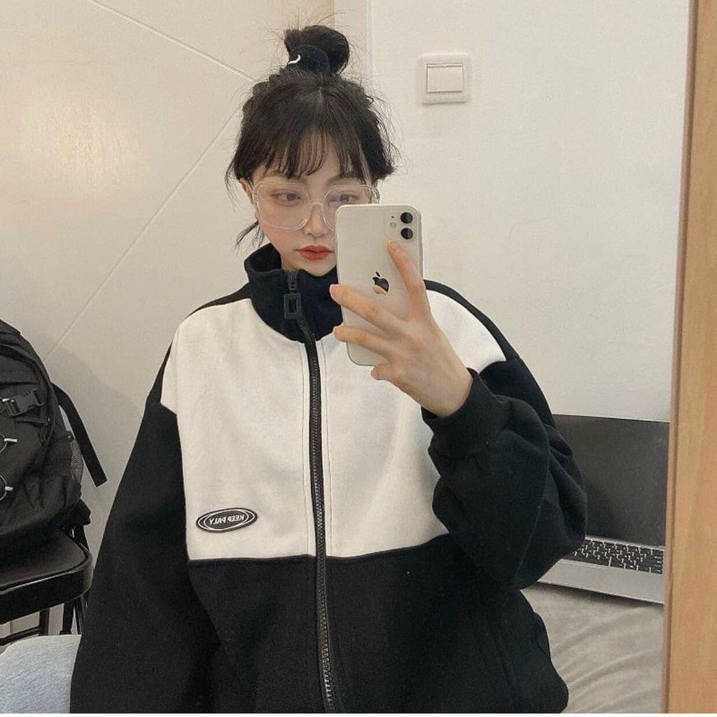 Áo khác nỉ phối màu KEEP PLAY. Khoác nỉ unisex dáng rộng 2 màu đen xám. | BigBuy360 - bigbuy360.vn