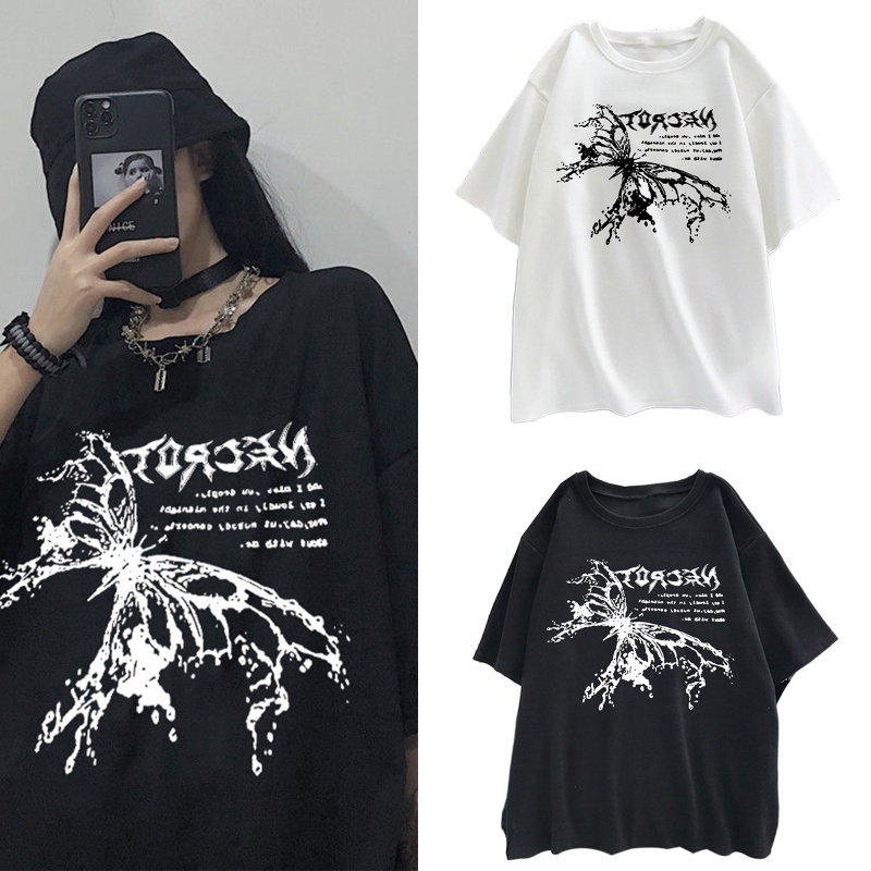 Áo Thun Nữ Tay Ngắn In Chữ Và Bướm Phong Cách Gothic