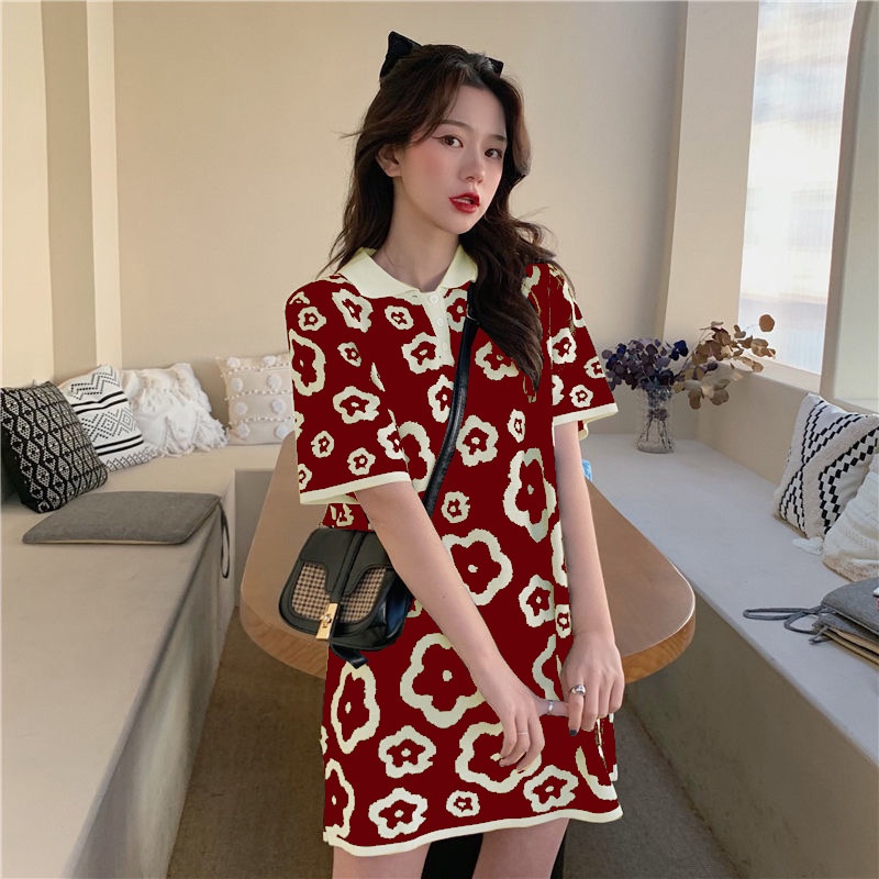Đầm Thun polo Tay Ngắn Dáng Rộng Phong Cách retro Dành Cho Nữ