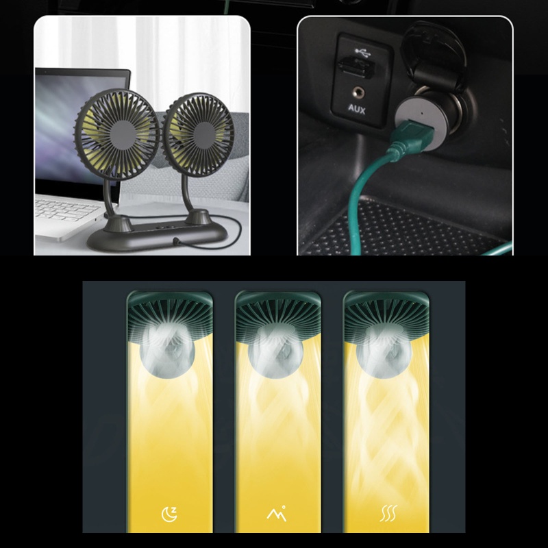 Quạt USB Hai Đầu Xoay 360 Độ Dùng Trong Xe Hơi Tiện Dụng