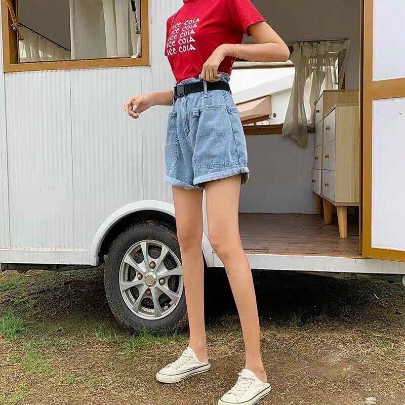 Quần đùi bò nữ cạp cao chun bèo, quần đùi nữ chất jean cao cấp, túi ốp, ống rộng cá tính, siêu hót | BigBuy360 - bigbuy360.vn