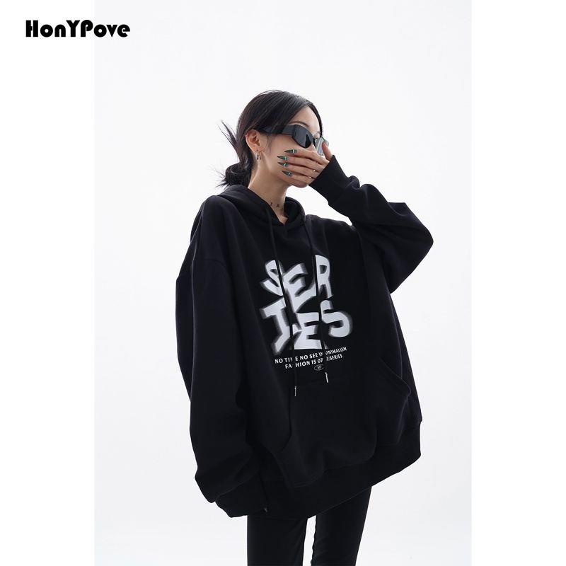 Honypove Áo Hoodie Dáng Rộng In Chữ Phong Cách Retro Mùa Thu 2022 Mới