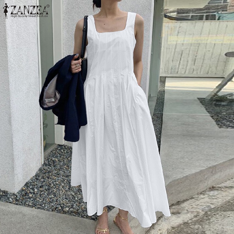 Đầm maxi ZANZEA không tay màu trơn dáng rộng thời trang cho nữ