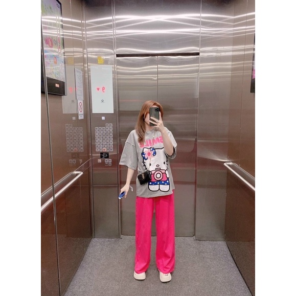 Set áo xám hello kitty quần suông gân Hồng