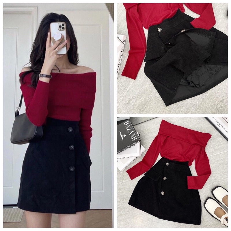 SET Áo bẹt vai kèm Chân váy nhung tăm chéo NÀNG CLOSET