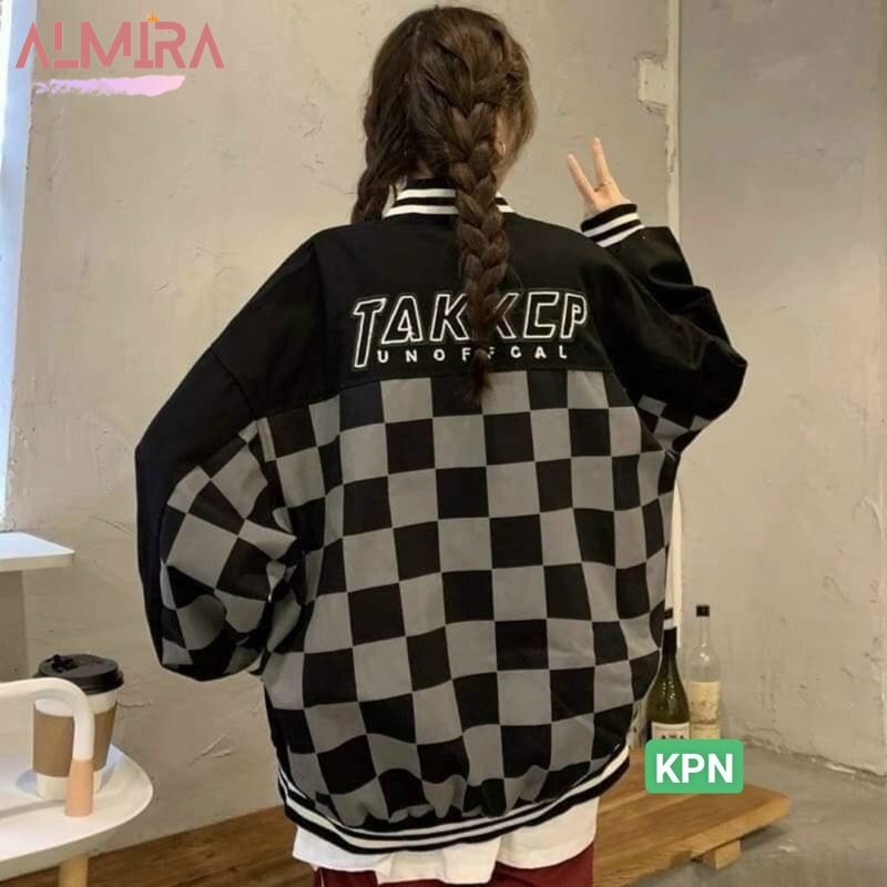 Áo Khoác Bomber Phối Caro Chữ Lưng TAKKCP Form Rộng Unisex