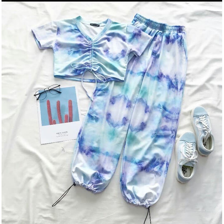 Set Tie Dye bộ áo croptop + quần dài ống rút loang mày Tie Dye