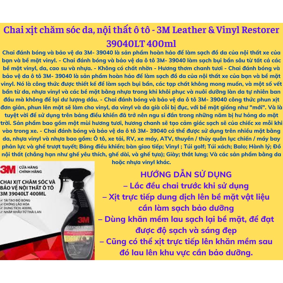 Vệ sinh nội thất ô tô 3M Leather & Vinyl Restorer 400ml