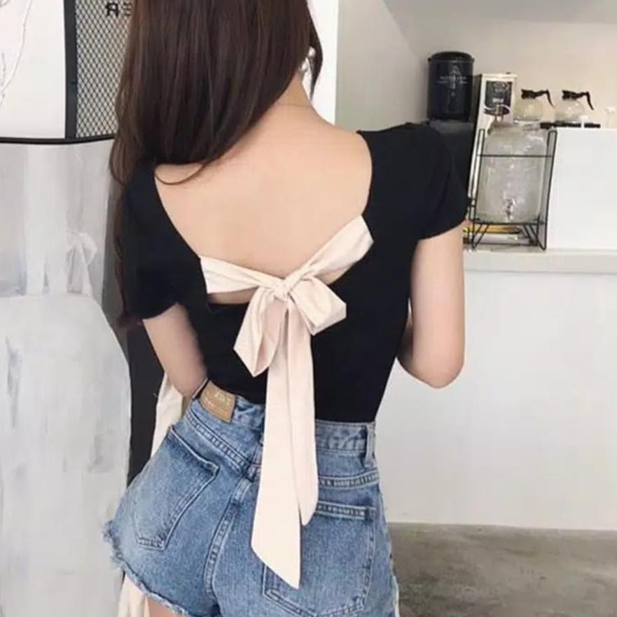 Áo Thun Cột Nơ Hở Lưng Phong Cách Hàn Quốc Size 1235 (xs-xl)