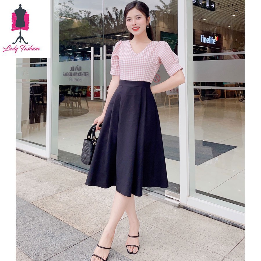 Đầm xòe Caro dễ thương MS019- Lady fashion