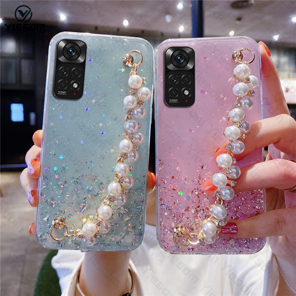 Sang Trọng ​Ốp Điện Thoại Silicon Mềm Trong Suốt Đính Kim Tuyến Kèm Dây Đeo Ngọc Trai Cho Xiaomi Redmi Note 11 Pro Redmi Note 11S 11Pro