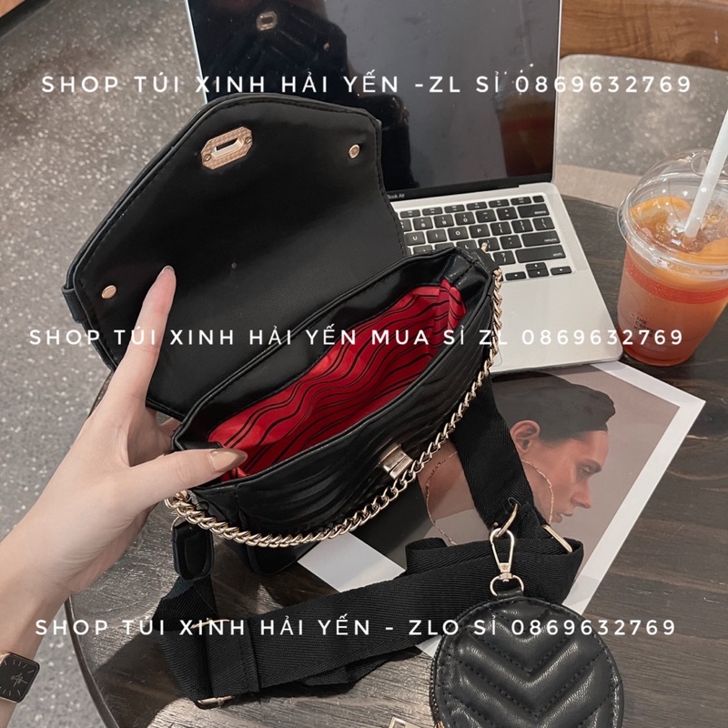 túi đeo chéo sét đôi siêu xinh, trần chỉ chéo xương cá khoá xoay