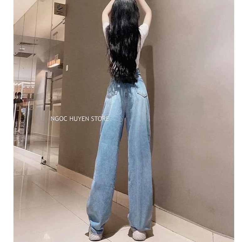 Quần bò nữ - quần jeans ống rộng lưng cao, vải bò dày đẹp , không giãn ,dáng suông màu xám khói