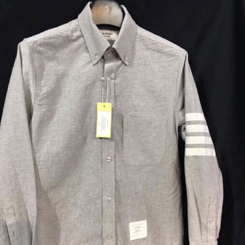TB - ÁO SƠ MI NAM NỮ TAY DÀI OXFORD THOM BROWN XÁM VIỀN 4 SỌC TRẮNG, THÔ DÀY, ĐỦ TAGS, CỜ SAU GÁY, HIGH QUALITY MENSWEAR