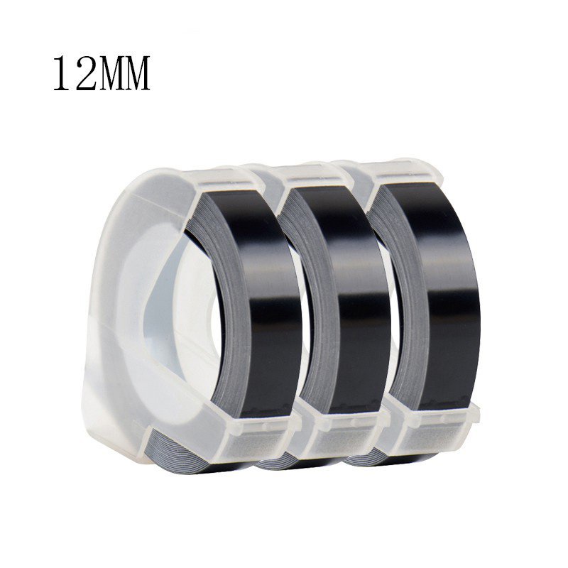 Set 3 Cuộn Băng Dập Nổi Bằng Nhựa Màu Đen 3D 6MM 9MM 12MM Tương Thích Với DYMO Motex