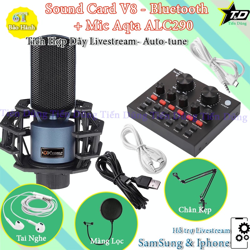 Combo mic livestream karaoke Aqta ALC290 và sound card V8 có bluetooth Auto-tune đi kèm chân kẹp màng lọc tặng tai nghe