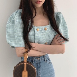 [Ord] Áo dạ tweed croptop tay phồng