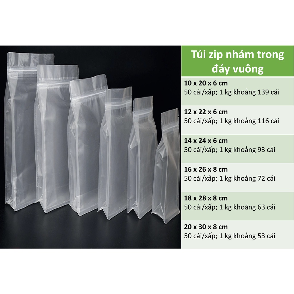 50 cái túi zip đựng thực phẩm nhám trong đáy vuông