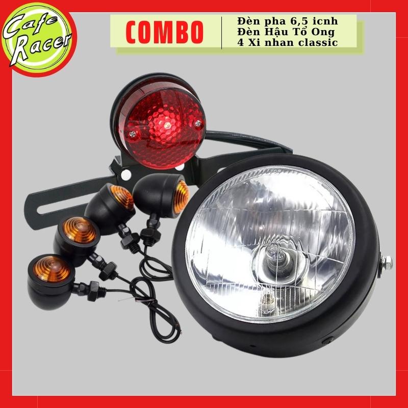 Combo đèn pha 6,5 icnh gáo sắt đen mặt kính trong cùng đèn hậu tổ ong và 4 xi nhan classic bé dùng độ xe