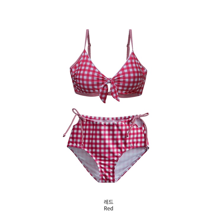 Bikini hai mảnh hai dây thắt nơ trước ngực quần lưng cao màu caro đỏ - M096 - Mermaid