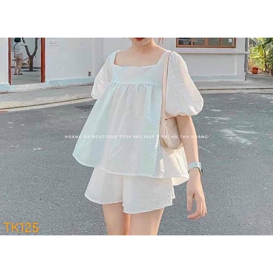 Set bộ babydoll trắng quần phối voan dễ thương đi chơi, dạo phố