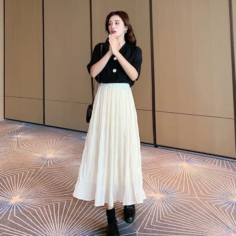 Váy voan nữ phiên bản Hàn Quốc của chữ a cạp cao xếp ly dài giữa kiểu cổ tíchEE