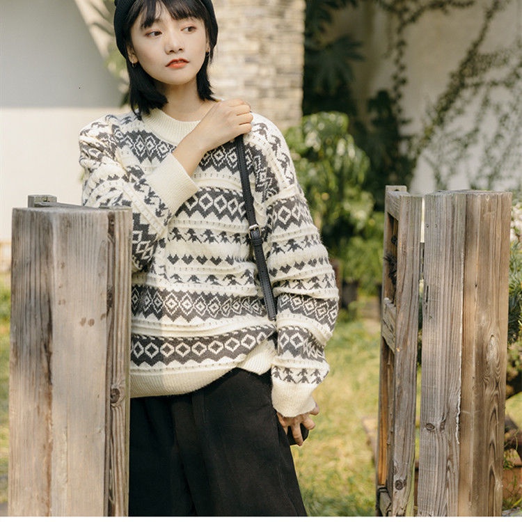 Áo sweater tay dài cổ tròn dáng rộng thời trang xinh xắn cho nữ