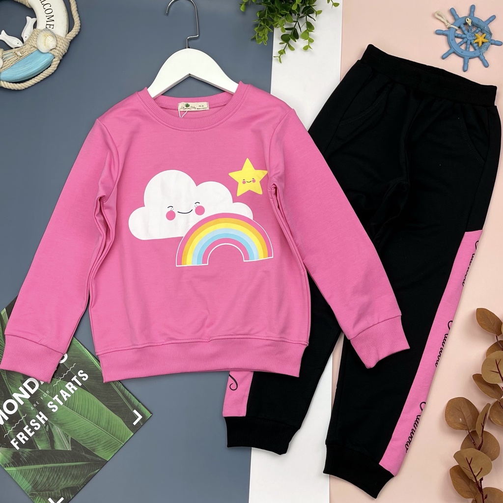 Bộ quần áo nỉ bé gái LITIBABY, hình cầu vồng, size 9/14T, chất nỉ bền đẹp